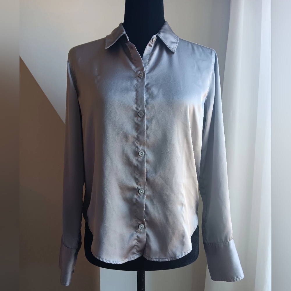 Silver satin button up top